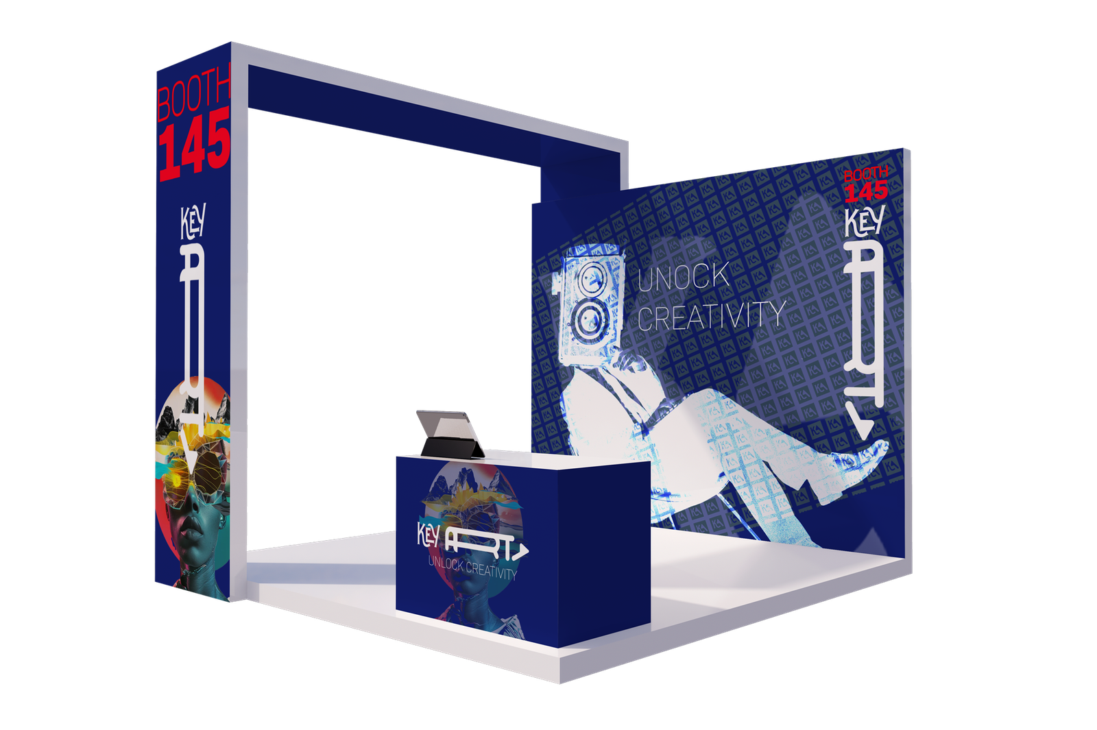Grafica per stand e allestimenti – Keyart Mokup Stand fieristico personalizzato progettato da studio grafico a Varese - Keyart