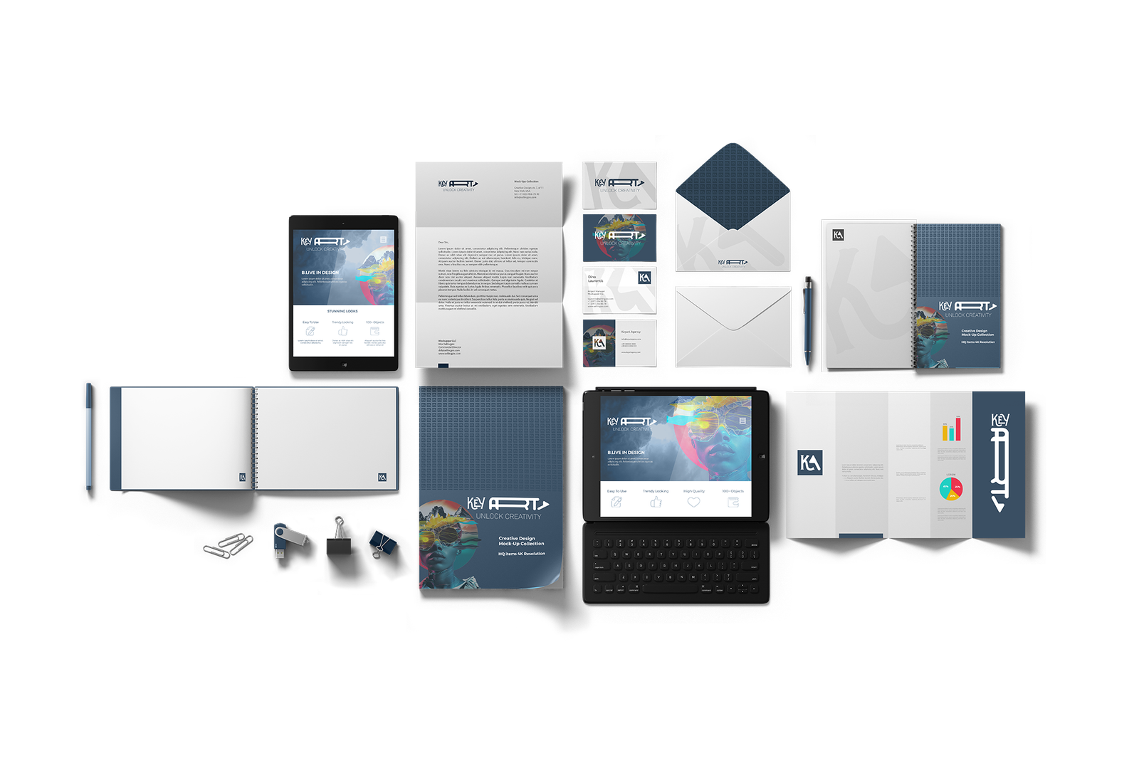 Stationery: Brand Image Keyart Esempio di brand identity su materiali di cancelleria: carta intestata, buste e biglietti da visita dello studio grafico a Varese - Keyart